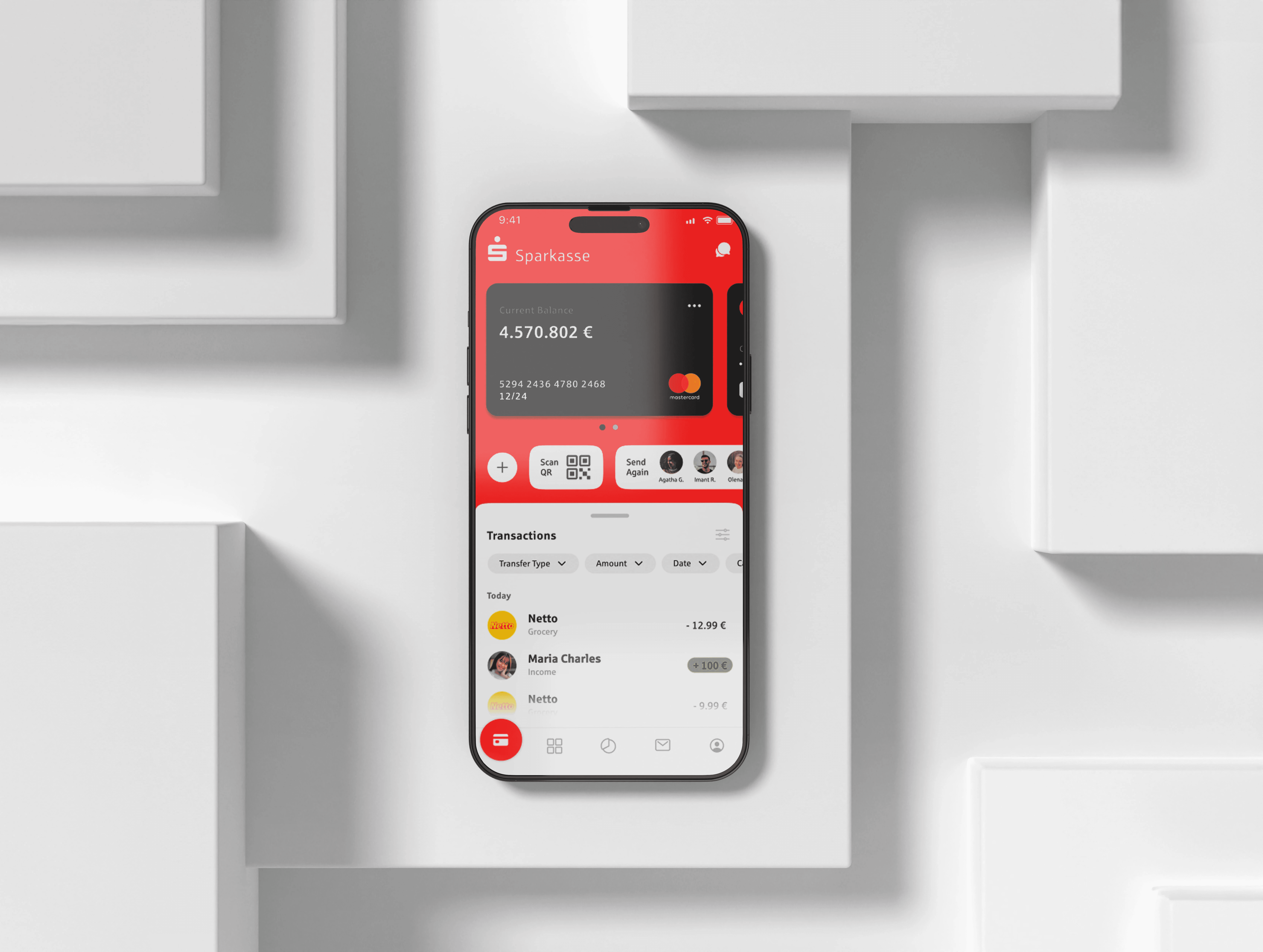 Phone mockup displaying the Sparkasse app redesign
